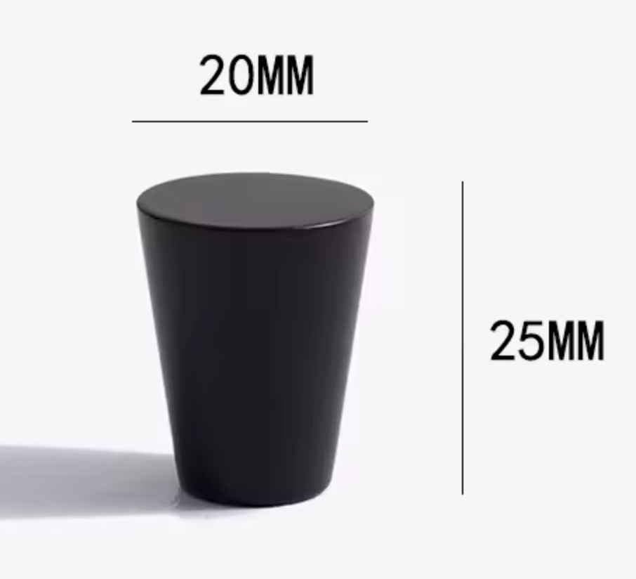 A black tapered cylindrical cup or small side table shown on a light gray background with dimension labels reading 20MM across the top and 25MM on the right side.