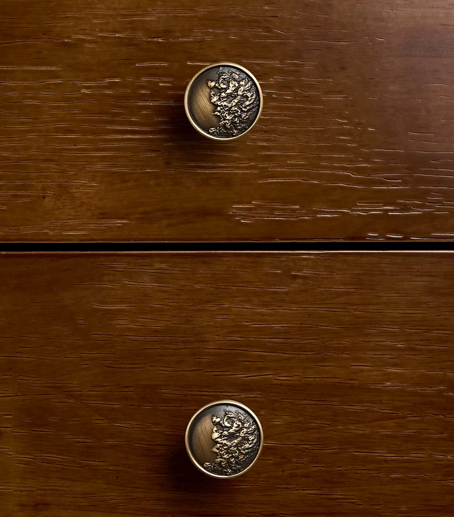 Two round antique bronze drawer knobs with embossed floral designs, shown on a dark brown wooden surface.