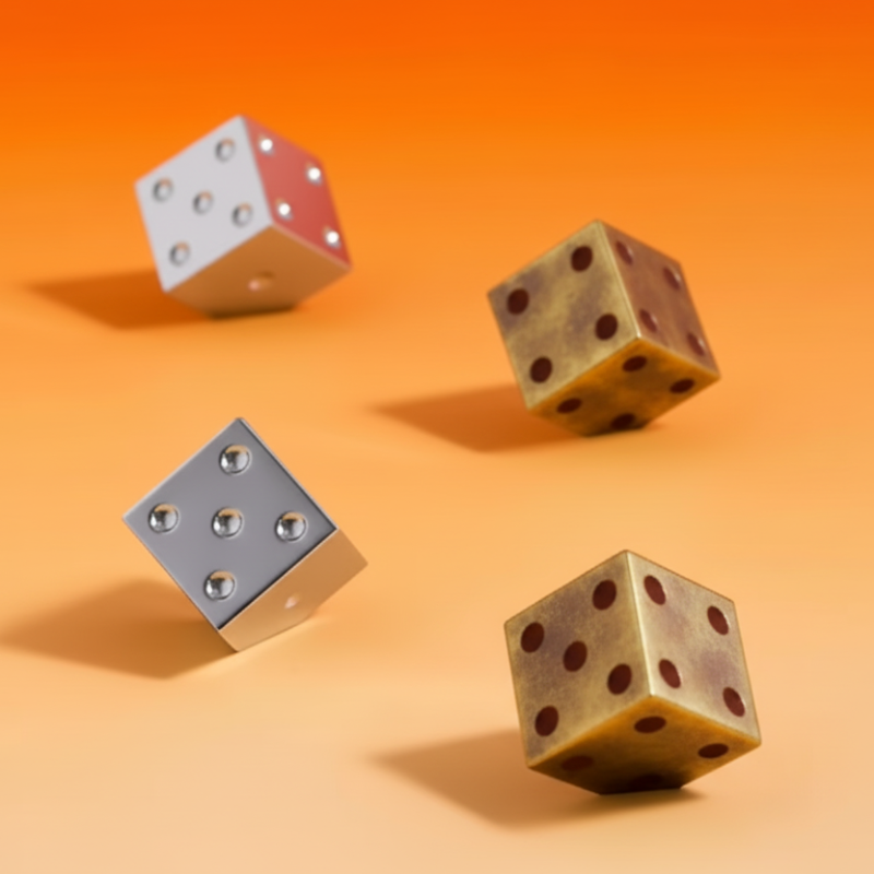 Four metallic silver dice with red reflective faces floating against a warm orange gradient background.