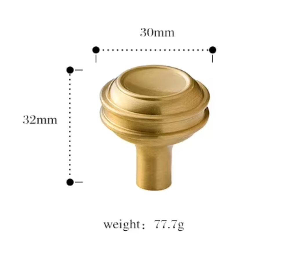 A brass cabinet knob shown with dimension markings: 30mm across the top, 32mm tall, and a weight of 77.7g, on a plain white background.