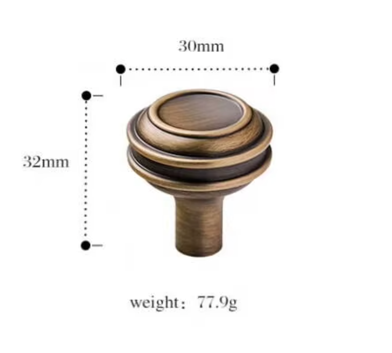 A bronze-finished cabinet knob shown with dimension lines indicating a height of 32mm and width of 30mm, plus a weight label of 77.9g, on a plain white background.
