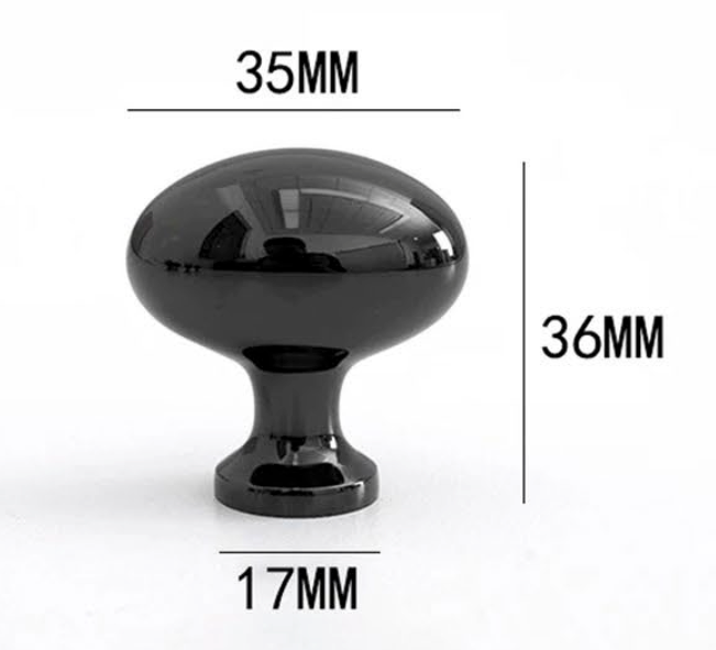 A glossy black cabinet knob shown with dimension lines and labels indicating a height of 36mm, width of 35mm, and base diameter of 17mm on a white background.