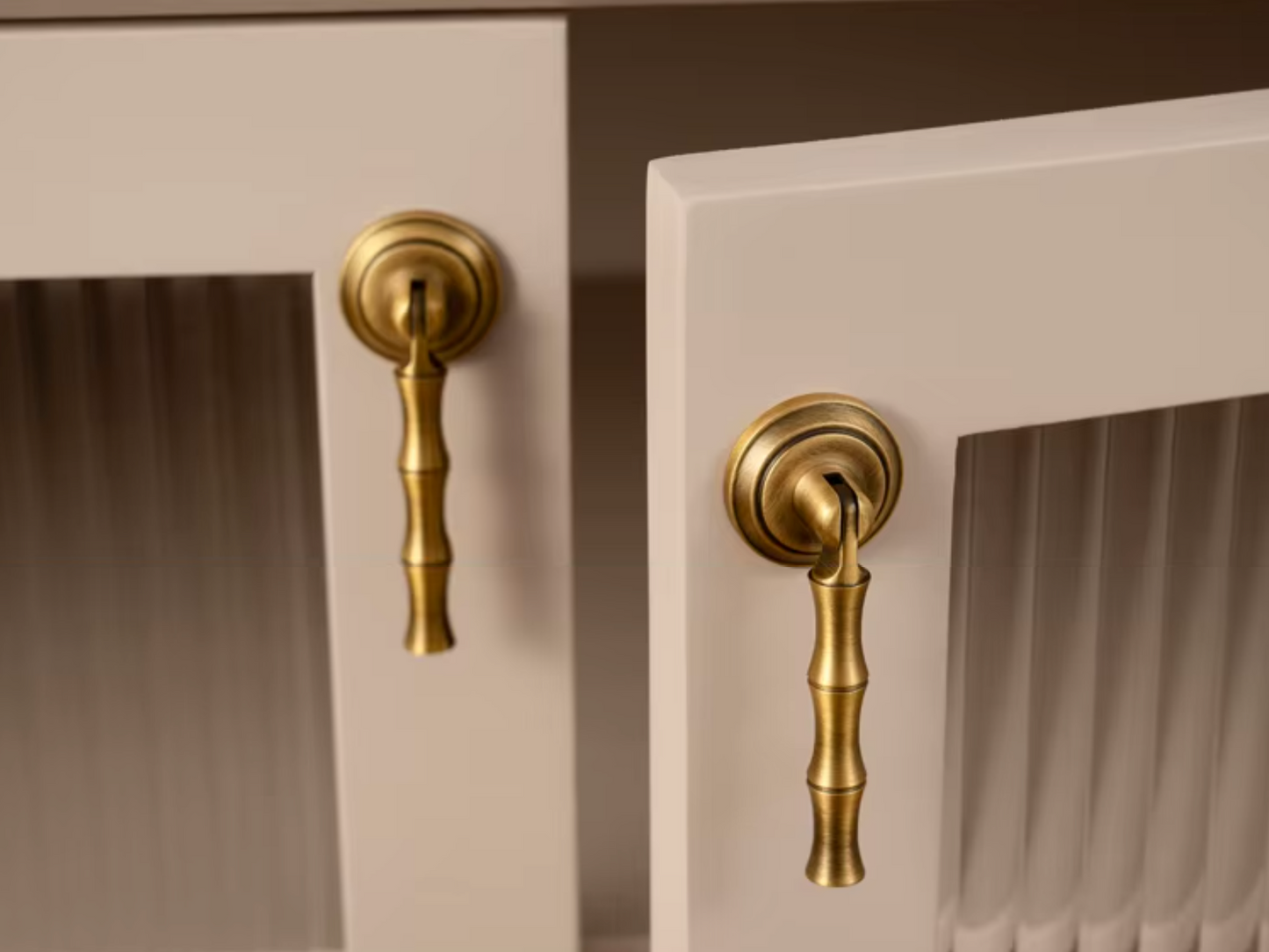 Two brass bamboo-style cabinet handles mounted on white paneled doors with glass panels.