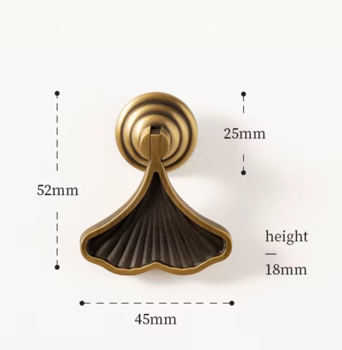 An antique brass ginkgo leaf-shaped wall hook with dimension markings showing a height of 52mm, width of 45mm, and a circular backplate height of 25mm.