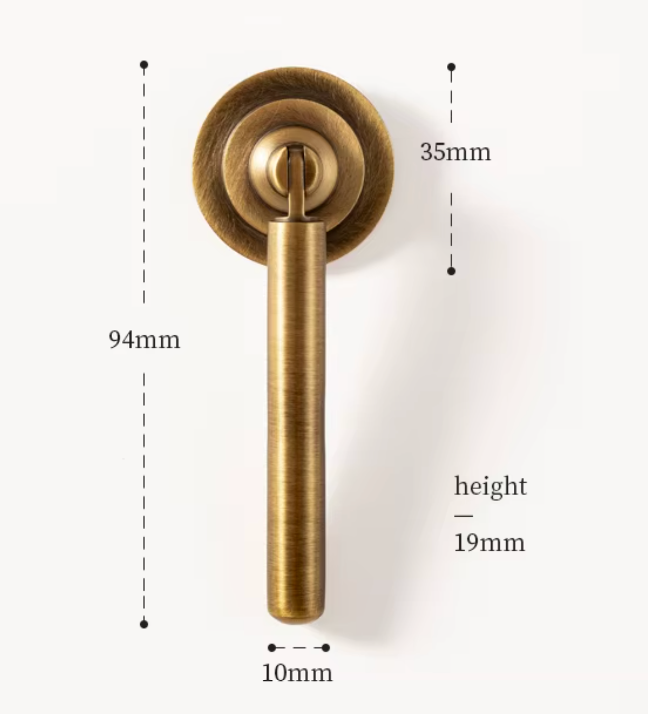 A brass door pull handle with dimension annotations showing a height of 94mm, a handle height of 19mm, a head diameter of 35mm, and a tip width of 10mm on a clean white background.