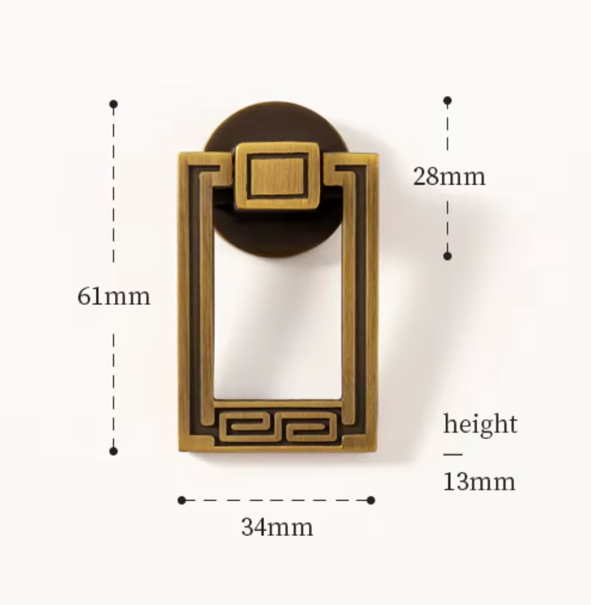 A brass rectangular cabinet pull with a Greek key pattern and round backplate, shown with dimension markings of 61mm height, 34mm width, and 28mm backplate diameter on a white background.