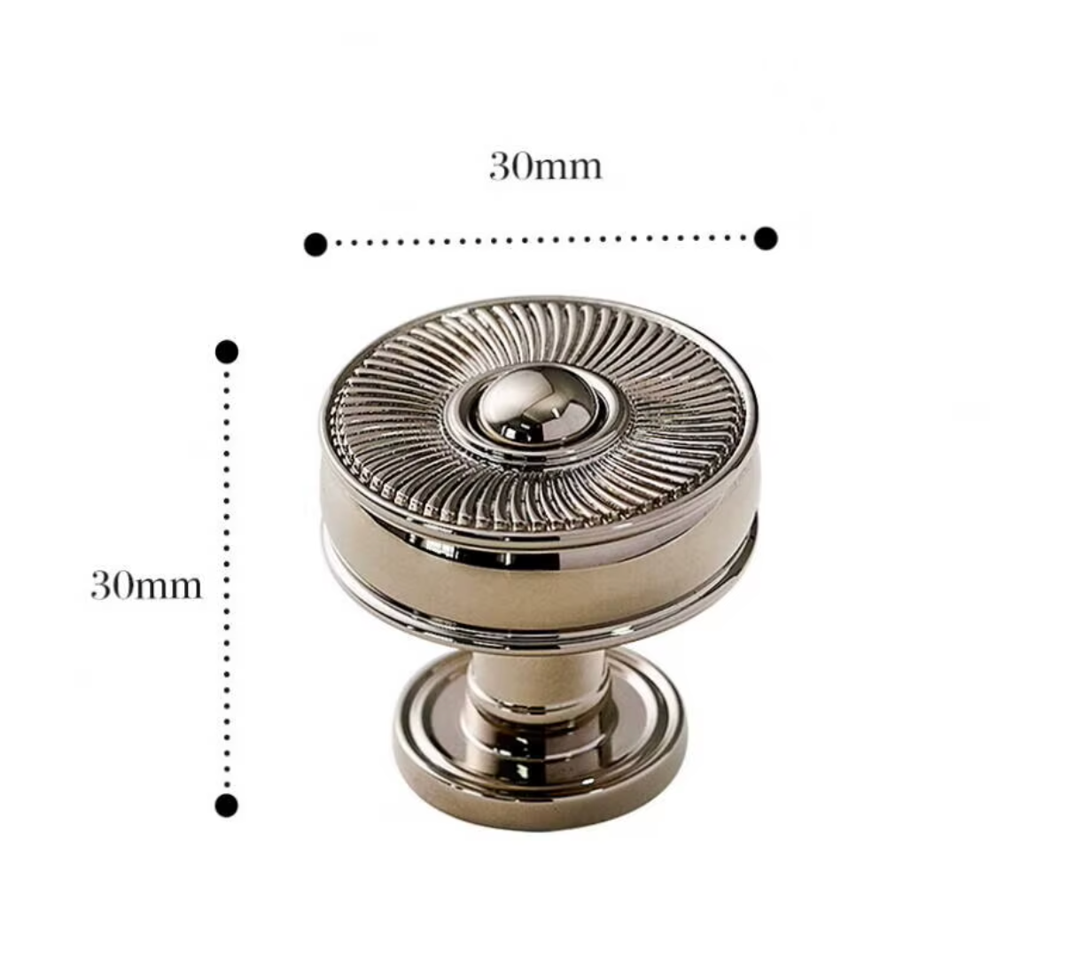 A polished metal cabinet knob shown on a white background with dimension lines and text indicating a height and width of 30mm.
