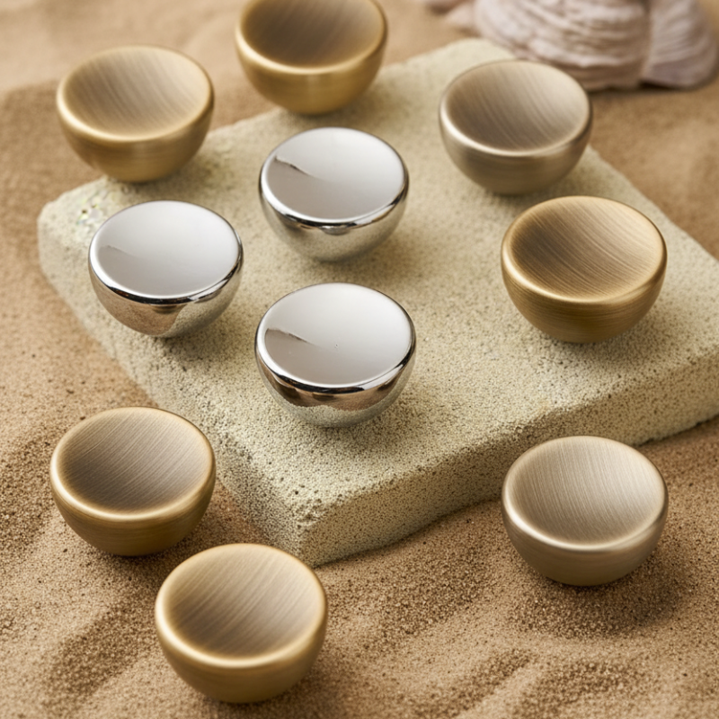 Nine small metallic cups or bowls arranged on a rectangular stone slab over sand, with a seashell in the background. The cups are in brushed gold, brushed silver, and polished silver finishes.