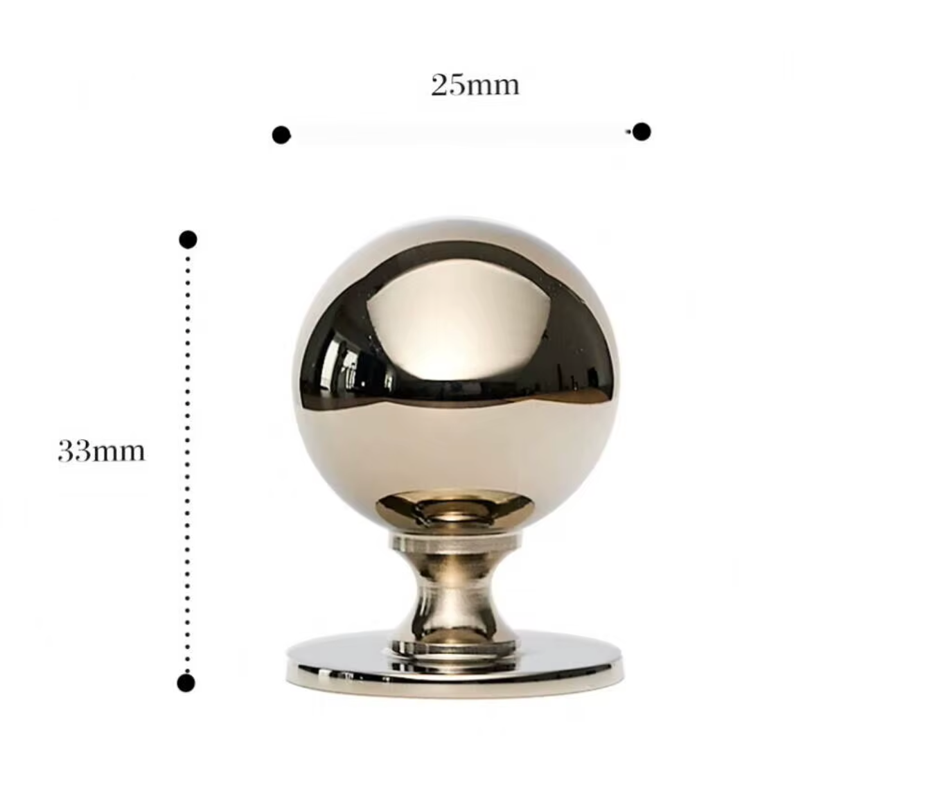 A polished metallic spherical knob or finial on a round base, shown with dimension labels indicating 25mm width and 33mm height on a white background.