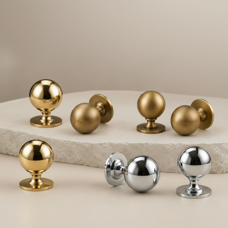 A set of polished metal cabinet knobs and pulls displayed on a light stone slab and surface. The collection includes multiple spherical ball knobs in brushed gold and satin silver finishes, along with geometric block and rectangular pulls in matching gold and silver tones.