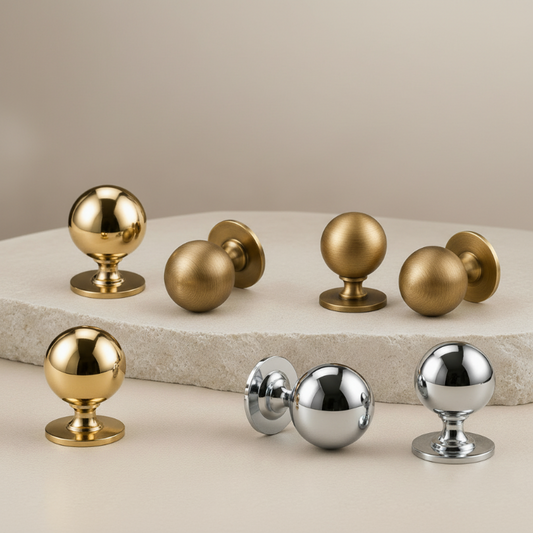 A set of polished metal cabinet knobs and pulls displayed on a light stone slab and surface. The collection includes multiple spherical ball knobs in brushed gold and satin silver finishes, along with geometric block and rectangular pulls in matching gold and silver tones.