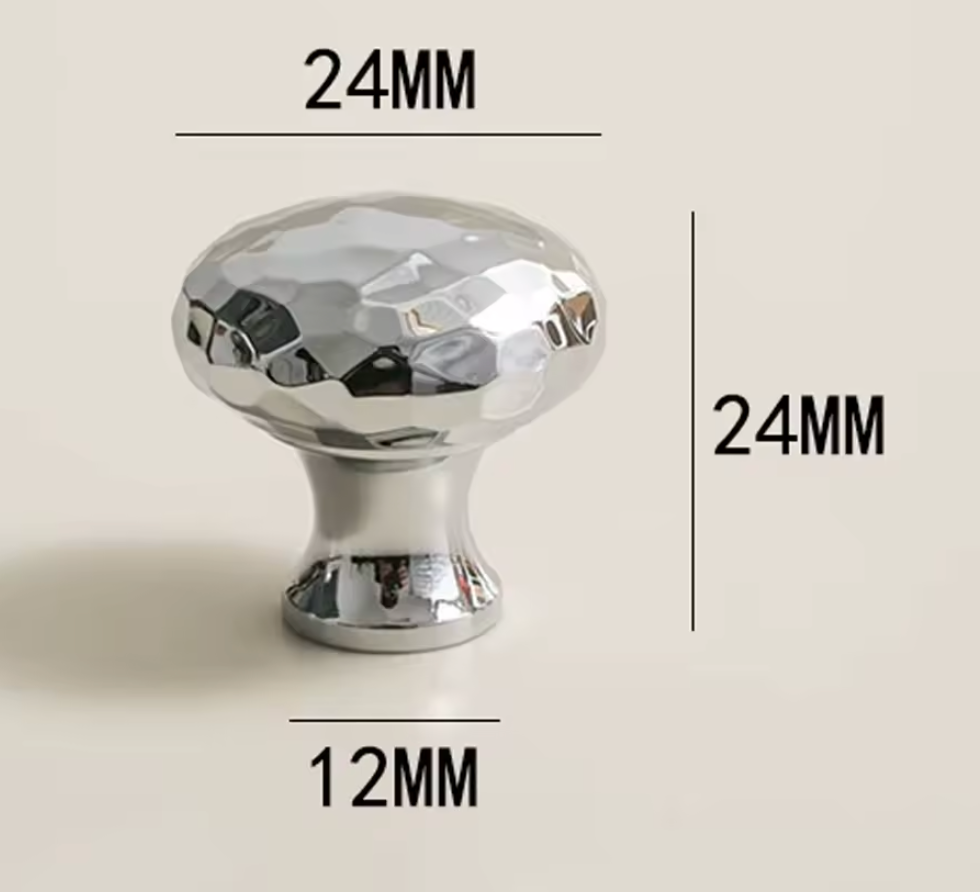 A shiny chrome cabinet knob with dimension lines and text indicating a 24mm diameter top, 12mm base width, and 24mm height on a light beige background.