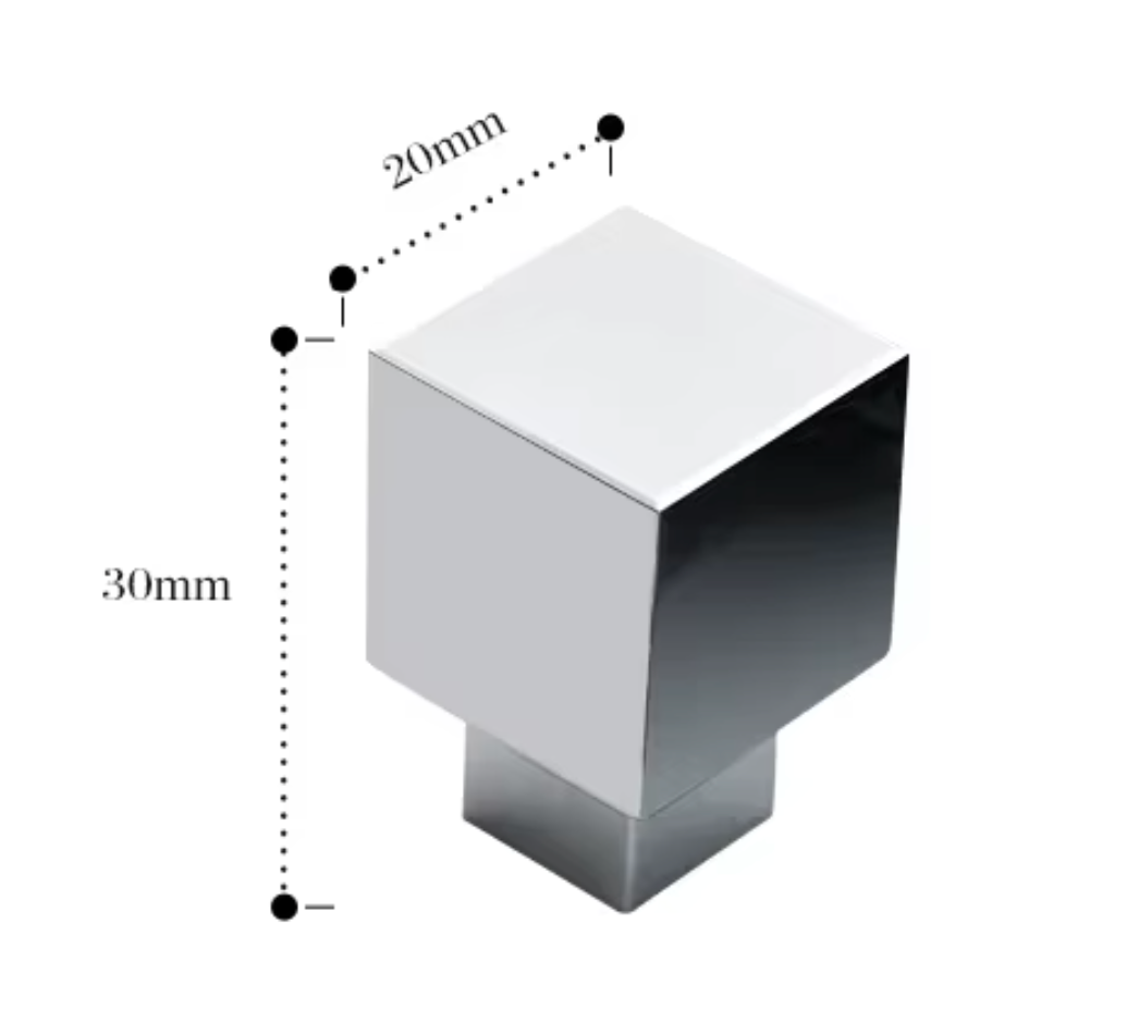A 3D isometric rendering of a metallic square cabinet knob with dimension annotations showing a height of 30mm and a width of 20mm on a plain white background.