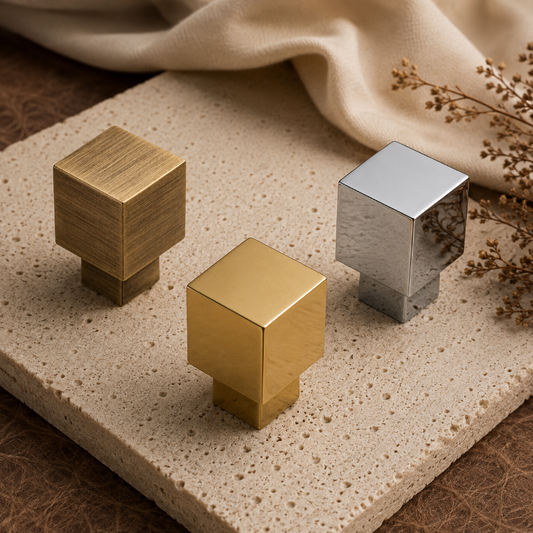 Three square metallic cabinet knobs in brushed gold and satin silver finishes, displayed on a textured beige stone slab with draped cream fabric and dried floral stems.