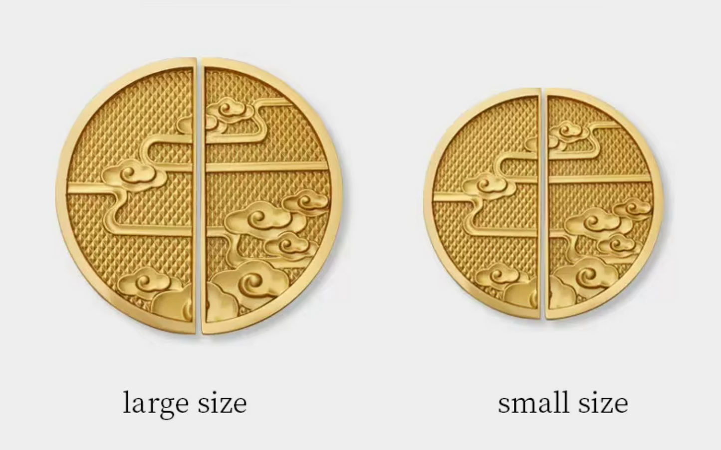 Two circular gold-toned decorative pieces shown side by side on a light gray background, labeled 'large size' and 'small size'. Each piece is split vertically into two halves with a textured pattern and cloud-like scroll motifs.