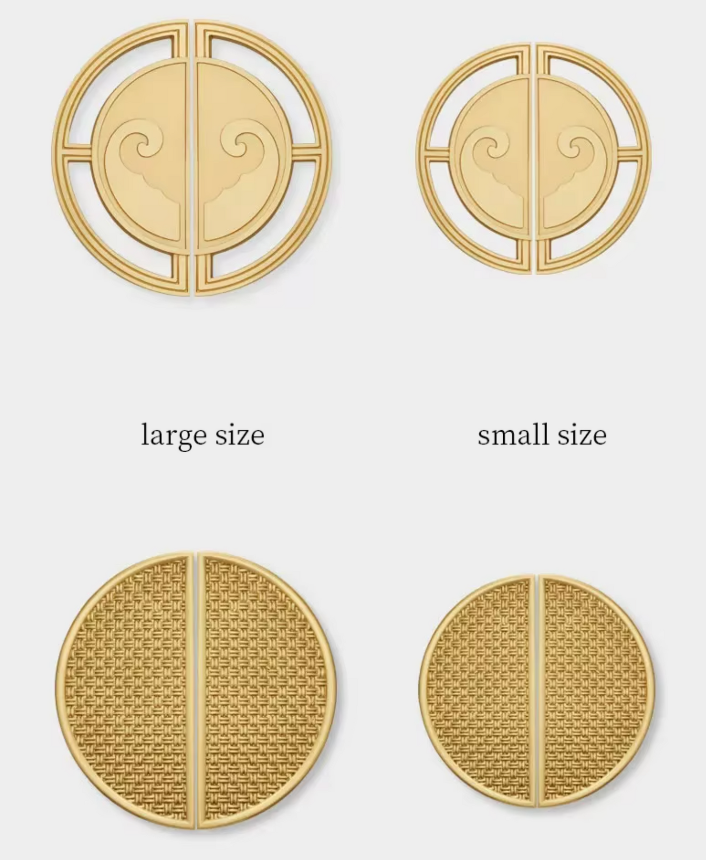 Gold-toned circular decorative hardware shown in two sizes, with one piece displaying an open geometric design and the other showing a textured woven pattern, labeled large size and small size on a light gray background.