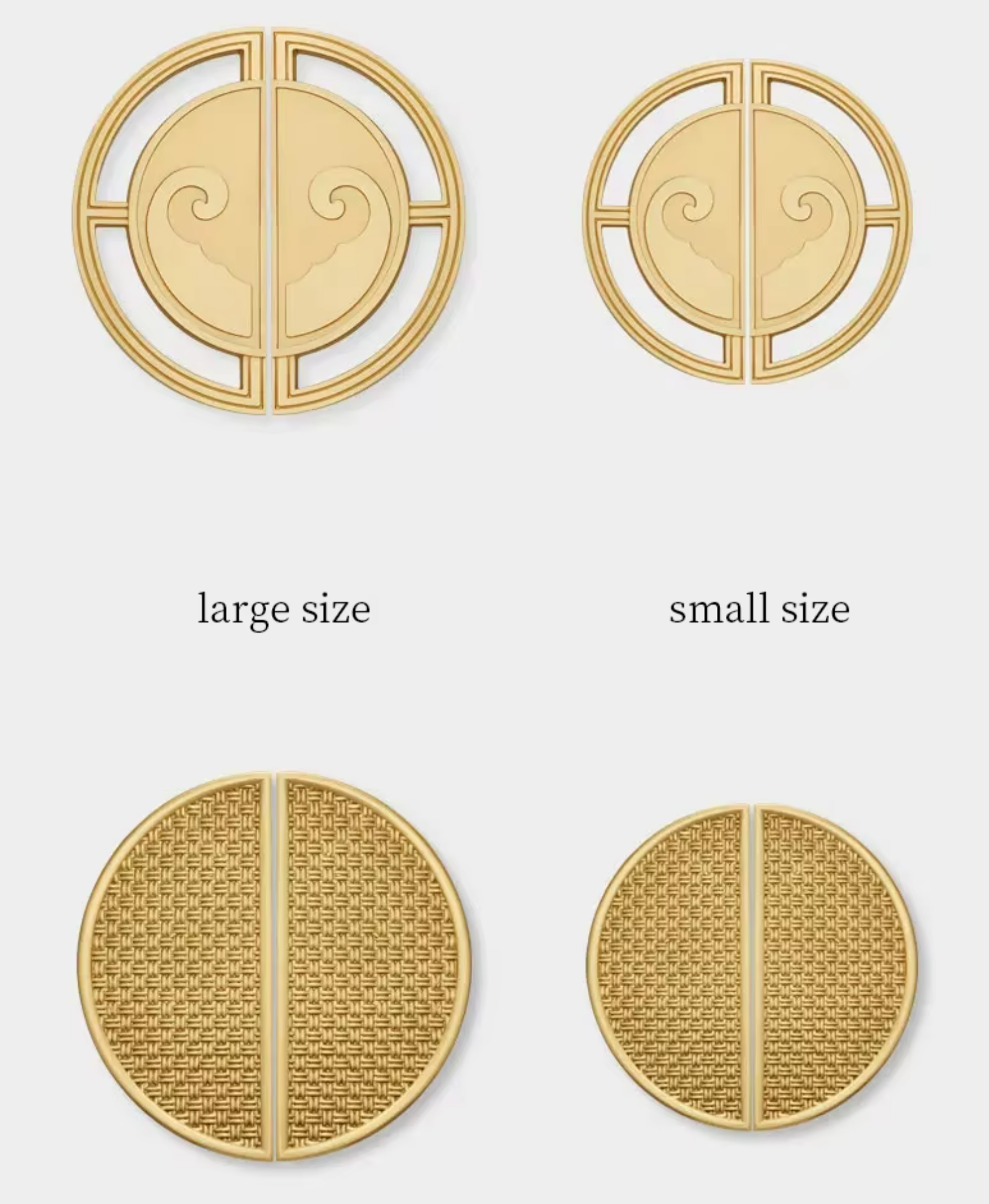Gold-toned circular decorative hardware shown in two sizes, with one piece displaying an open geometric design and the other showing a textured woven pattern, labeled large size and small size on a light gray background.