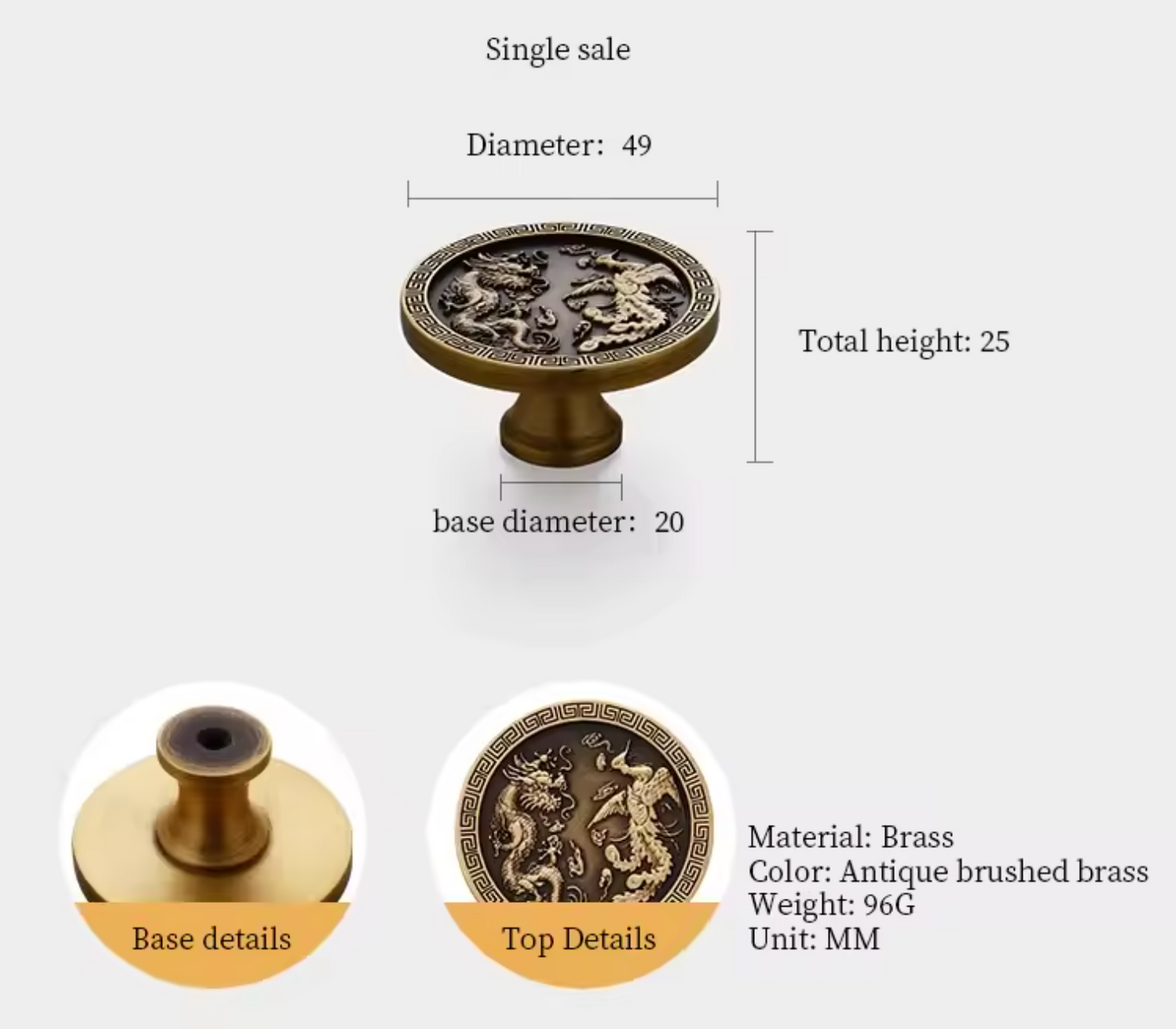 An ornate round brass cabinet knob with relief carvings of two lions, shown with dimension labels (diameter 49, total height 25, base diameter 20) and detail callouts on a light gray background.
