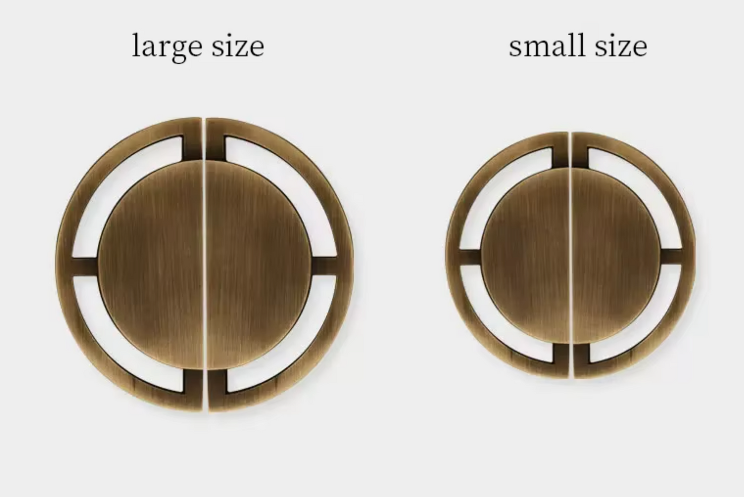 Two round brushed-metal cabinet knobs shown side by side on a light gray background, labeled 'large size' and 'small size'.