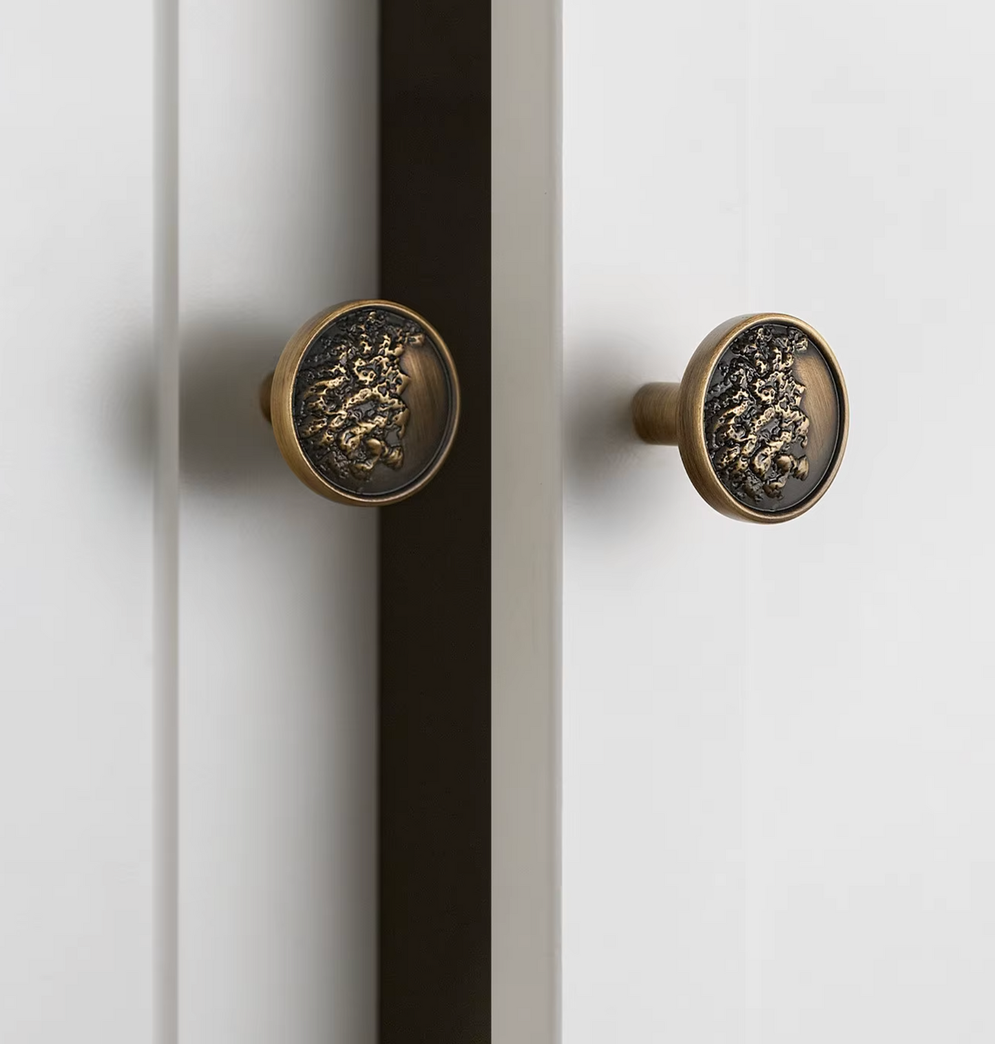 Two round antique bronze cabinet knobs with textured floral engravings, mounted on white paneled doors.