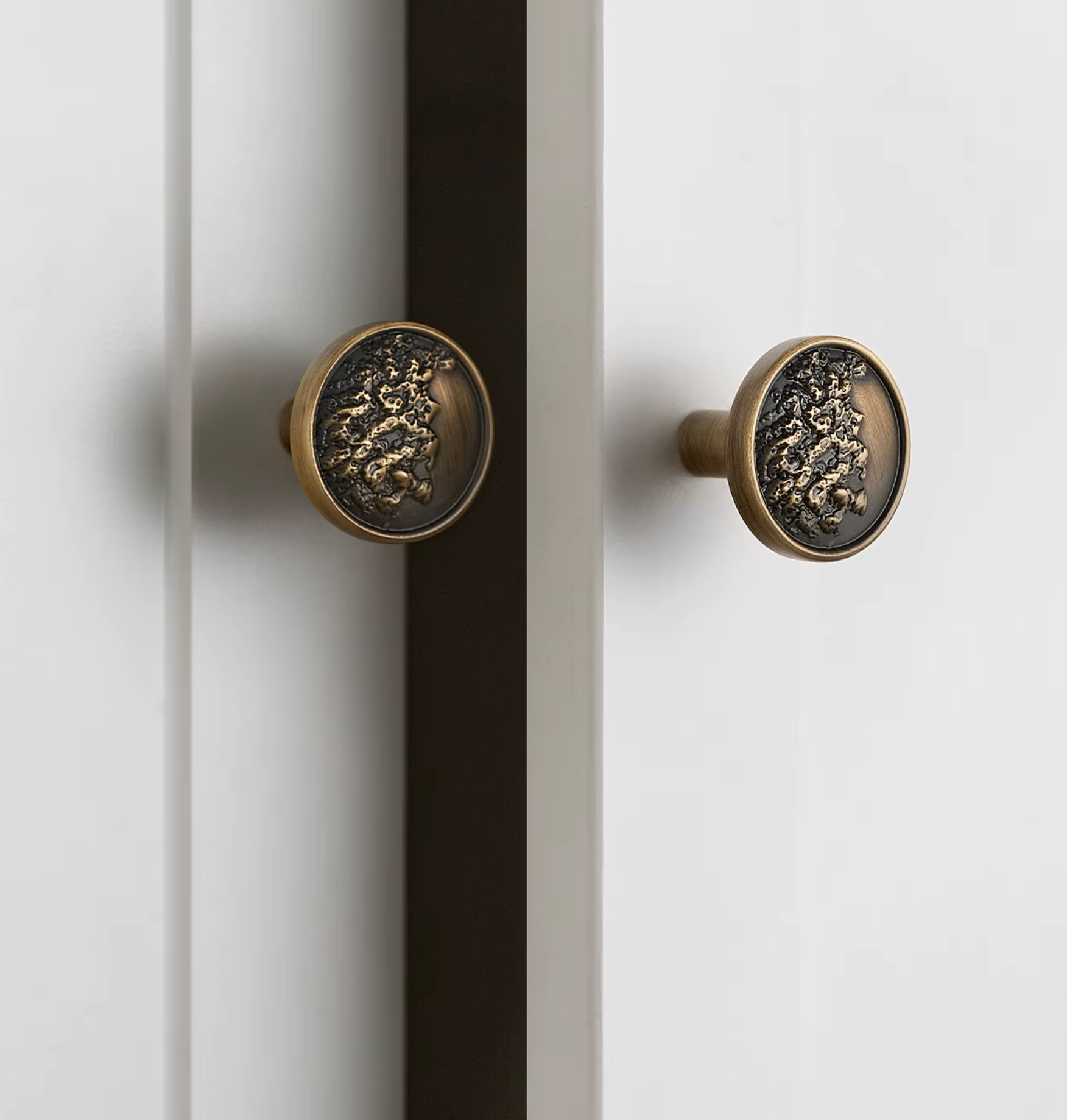 Two round antique bronze cabinet knobs with textured floral engravings, mounted on white paneled doors.