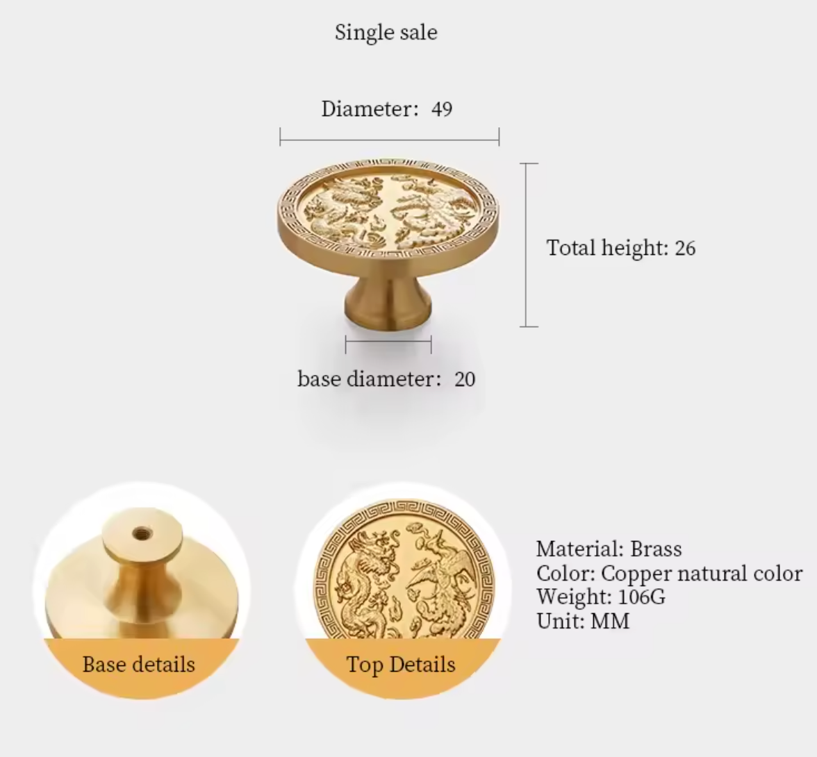 A brass cabinet knob shown with dimension labels and detail insets on a light gray background. The top view shows a round decorative face with engraved dragon motifs and a pedestal base.