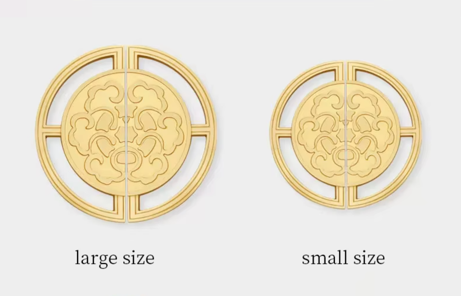 Two gold-toned circular decorative hardware pieces shown side by side on a light gray background, labeled 'large size' and 'small size'. The pieces have an embossed floral or cloud-like pattern in the center and a geometric frame around them.