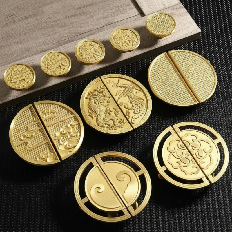 A set of round decorative metal coin-like pieces with split halves, shown in gold and dark metallic finishes on a dark textured surface with a wooden board.