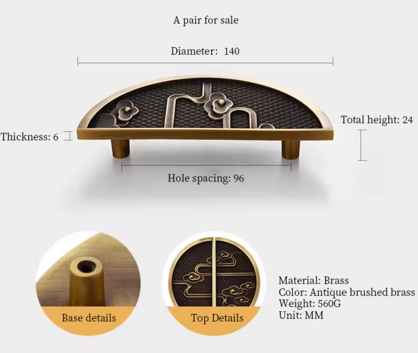 A brass drawer pull handle shown with dimension labels and detail callouts on a white background. The image includes measurements for diameter, thickness, total height, and hole spacing, plus close-up views of the base detail and top decorative engraving.