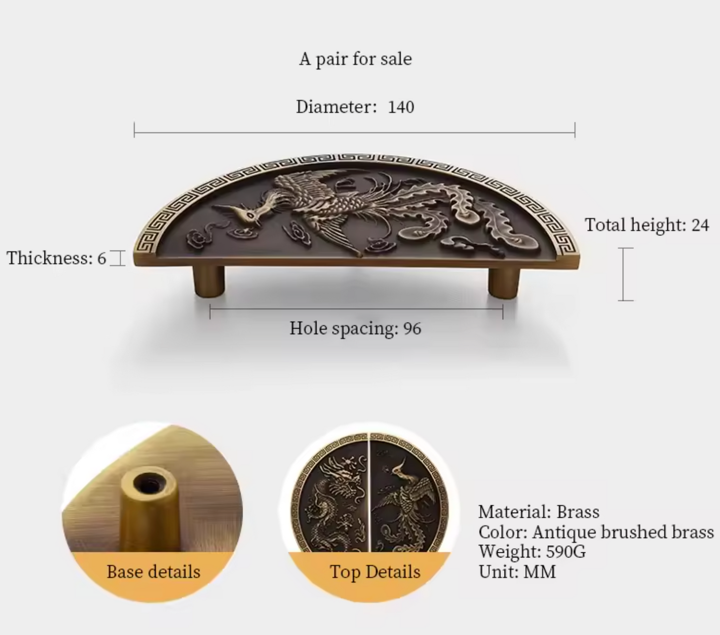An antique brass dragon-shaped drawer pull handle shown with dimension annotations, including diameter 140, total height 24, thickness 6, and hole spacing 96. Two circular detail insets at the bottom show the base and top details, and the text lists material as brass and color as antique brushed brass.