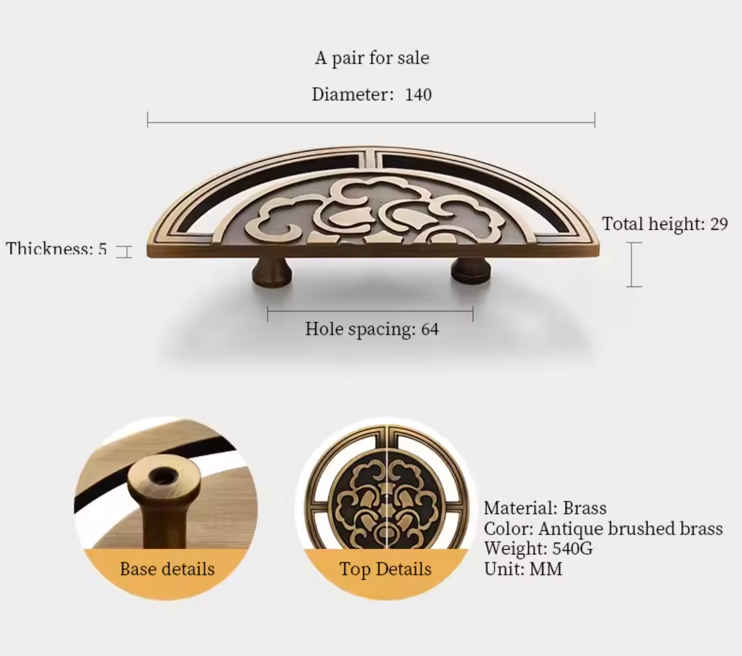A brass drawer pull handle shown on a light gray background with dimension labels, including diameter 140, thickness 5, total height 29, and hole spacing 64. Two circular detail insets at the bottom show the base detail and top details, with text stating material is brass, color is antique brushed brass, weight 540G, and unit MM.