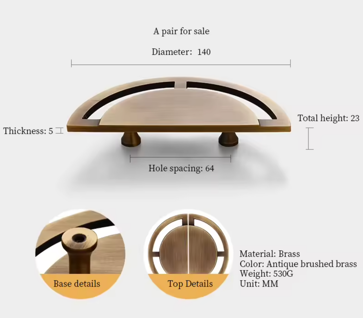 A product diagram showing a pair of antique brass semicircular drawer pulls with dimension annotations, including diameter 140, total height 23, and thickness 5. The image features top-down and close-up detail views of the base and top details, with text specifying the material as antique brushed brass and the weight as 530G.