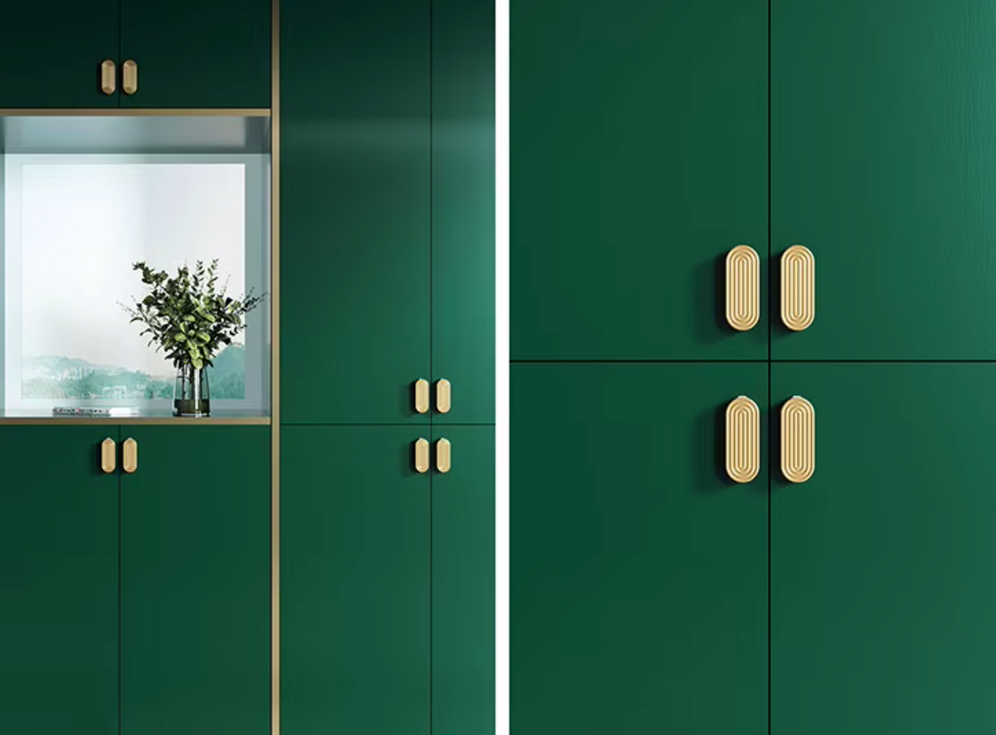 Dark green kitchen cabinets with minimalist gold-toned oval handles, shown in a split view with a cabinet niche containing a vase of flowers and a close-up of the handle details.