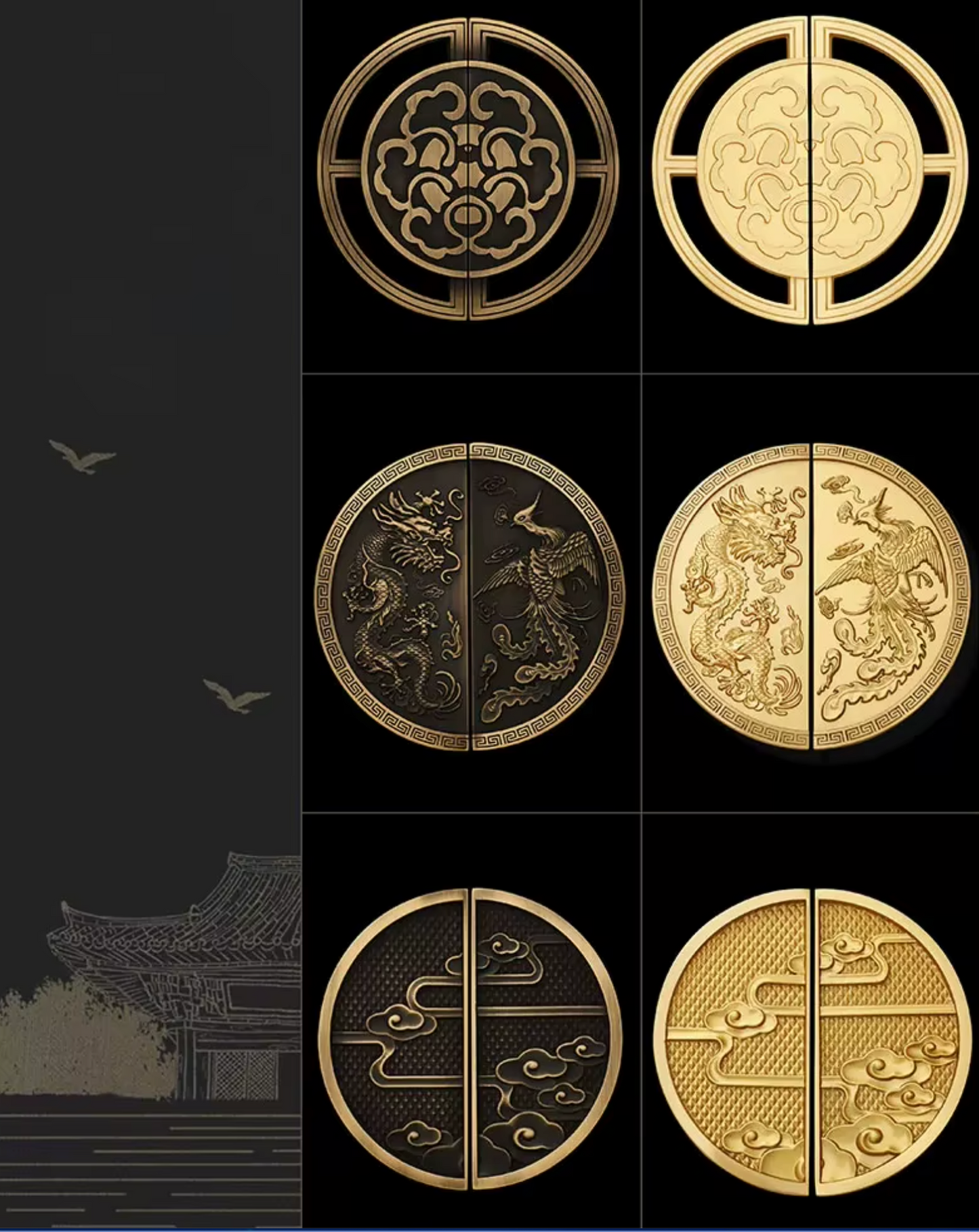 Six pairs of circular split-design metal wall art pieces with traditional Chinese motifs, including dragons, phoenixes, clouds, and waves, shown in gold and black finishes against a dark background.