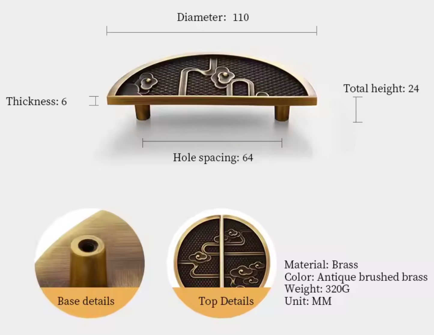 A brass cabinet pull handle with a decorative cloud pattern on a textured background, shown with dimension labels (diameter 110, thickness 6, total height 24, hole spacing 64) and detail callouts on a light gray background.