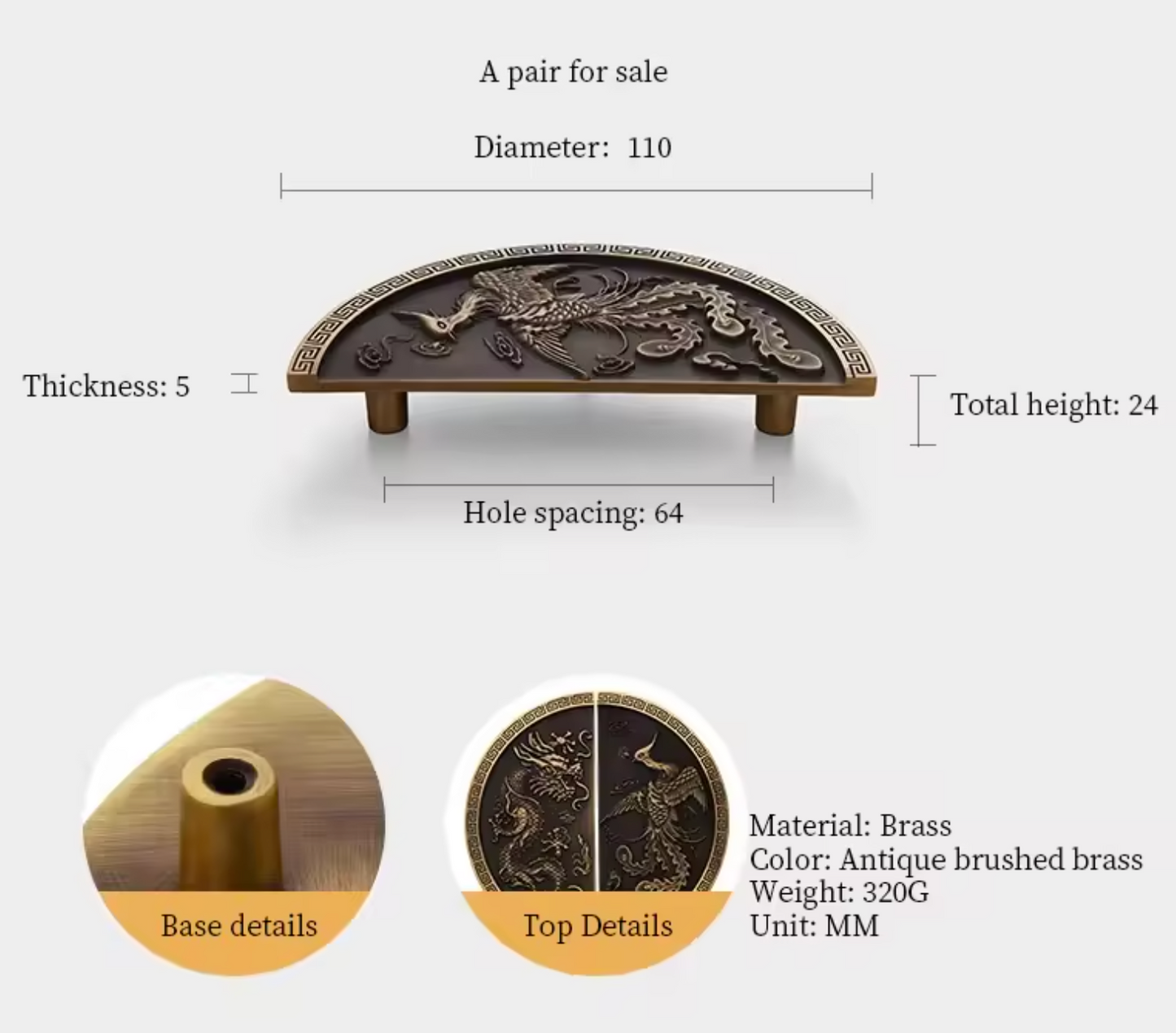 An antique-style brass drawer pull handle with a detailed dragon and phoenix design, shown with dimension annotations (diameter 110, thickness 5, total height 24, hole spacing 64) and detail circular insets on a light gray background.