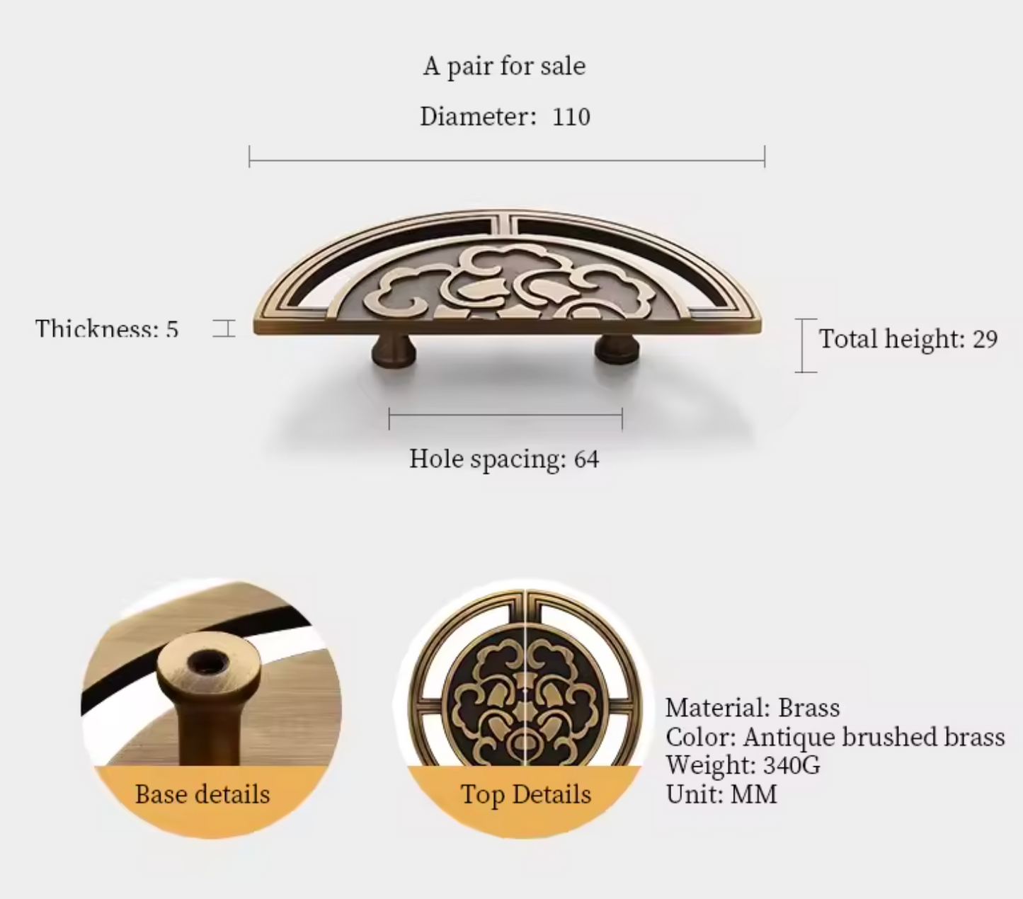 An antique brass cabinet pull handle shown on a light gray background with dimension labels, including diameter 110, thickness 5, total height 29, and hole spacing 64. Two circular detail insets at the bottom show the base and top decorative details, with text noting material as brass, color as antique brushed brass, weight 340G, and unit MM.