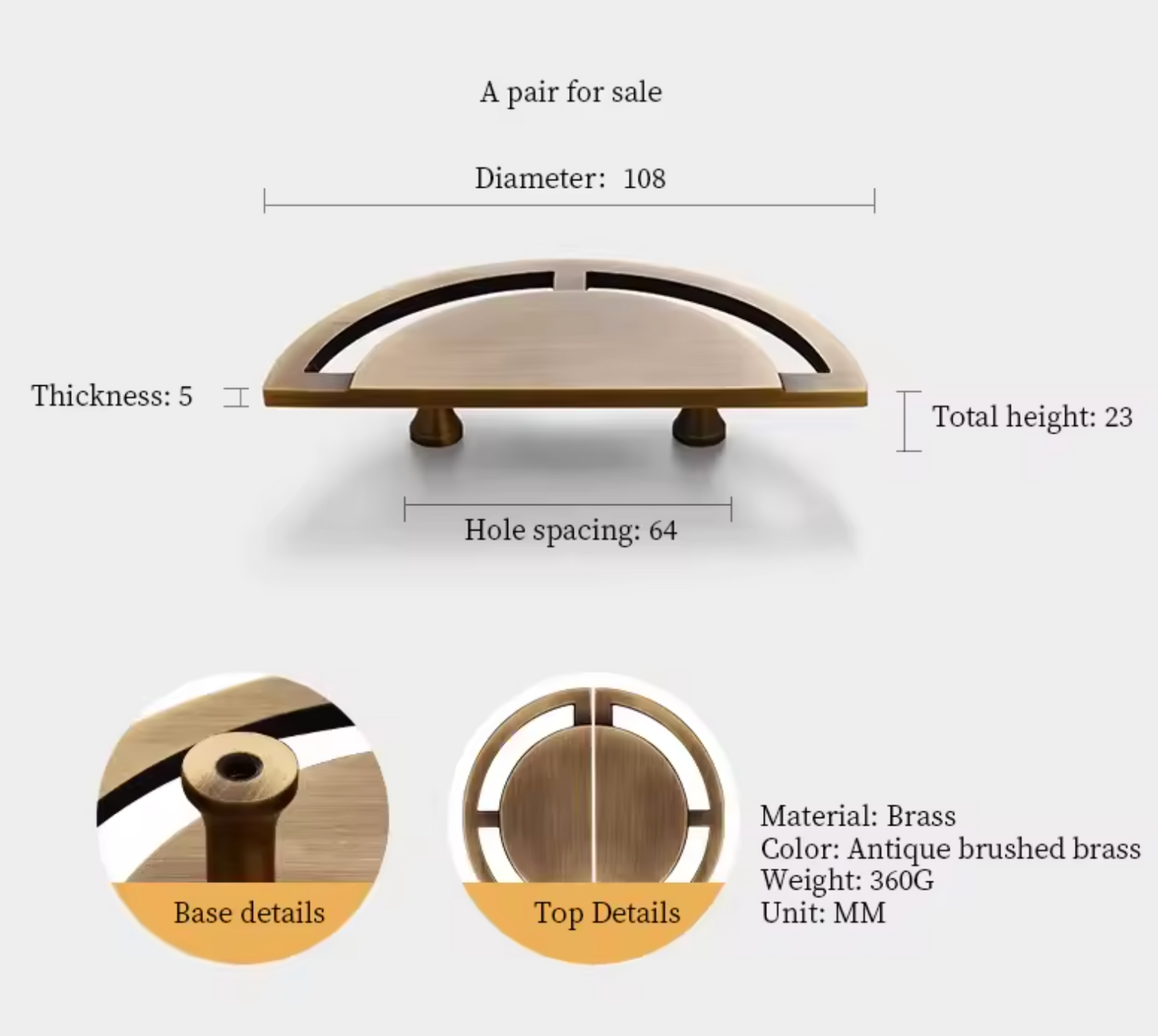 A product dimension diagram showing a pair of round brass wall hooks with labeled measurements: diameter 108, thickness 5, total height 23, and hole spacing 64. The image includes close-up detail circles labeled base details and top details, plus text stating material is brass, color is antique brushed brass, weight 360G, and unit MM.