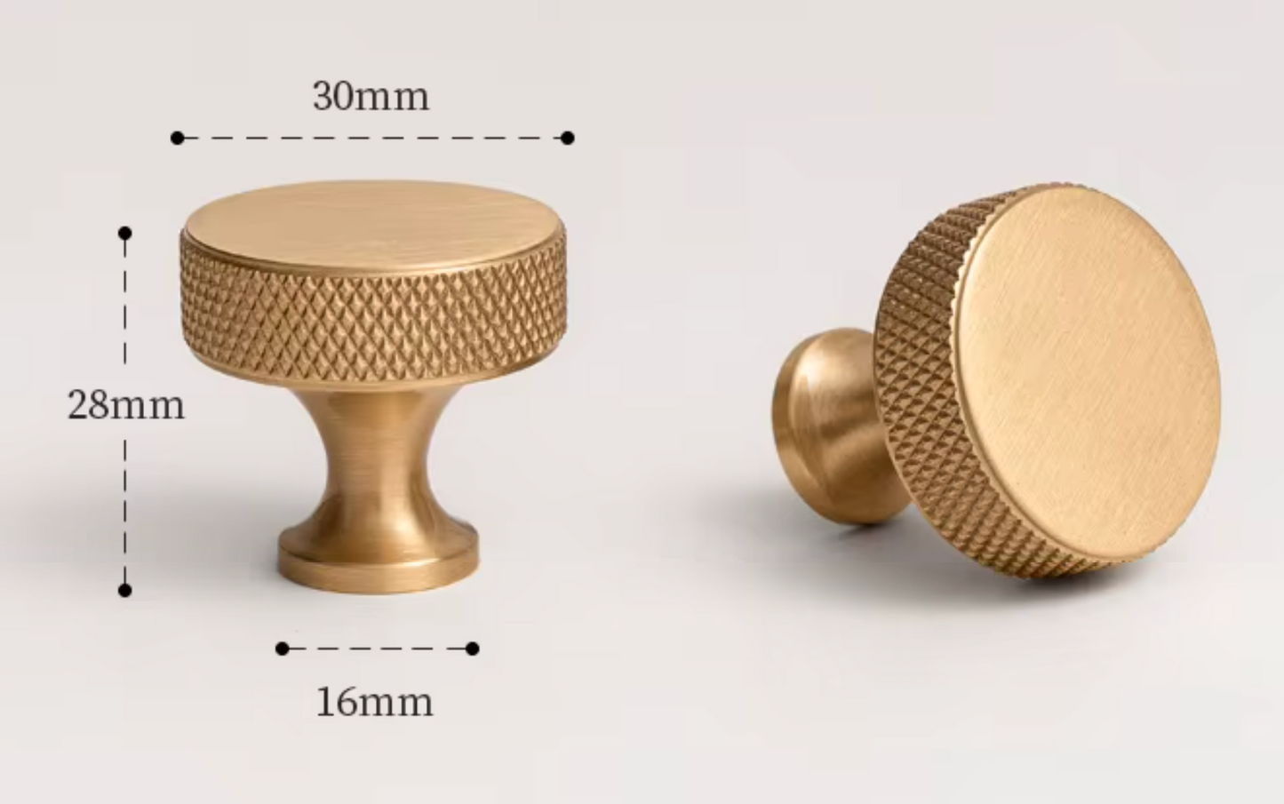A brass cabinet knob shown from two angles with dimension labels: a front view marked 30mm wide, 28mm tall, and 16mm at the base, plus a side view on a light gray background.