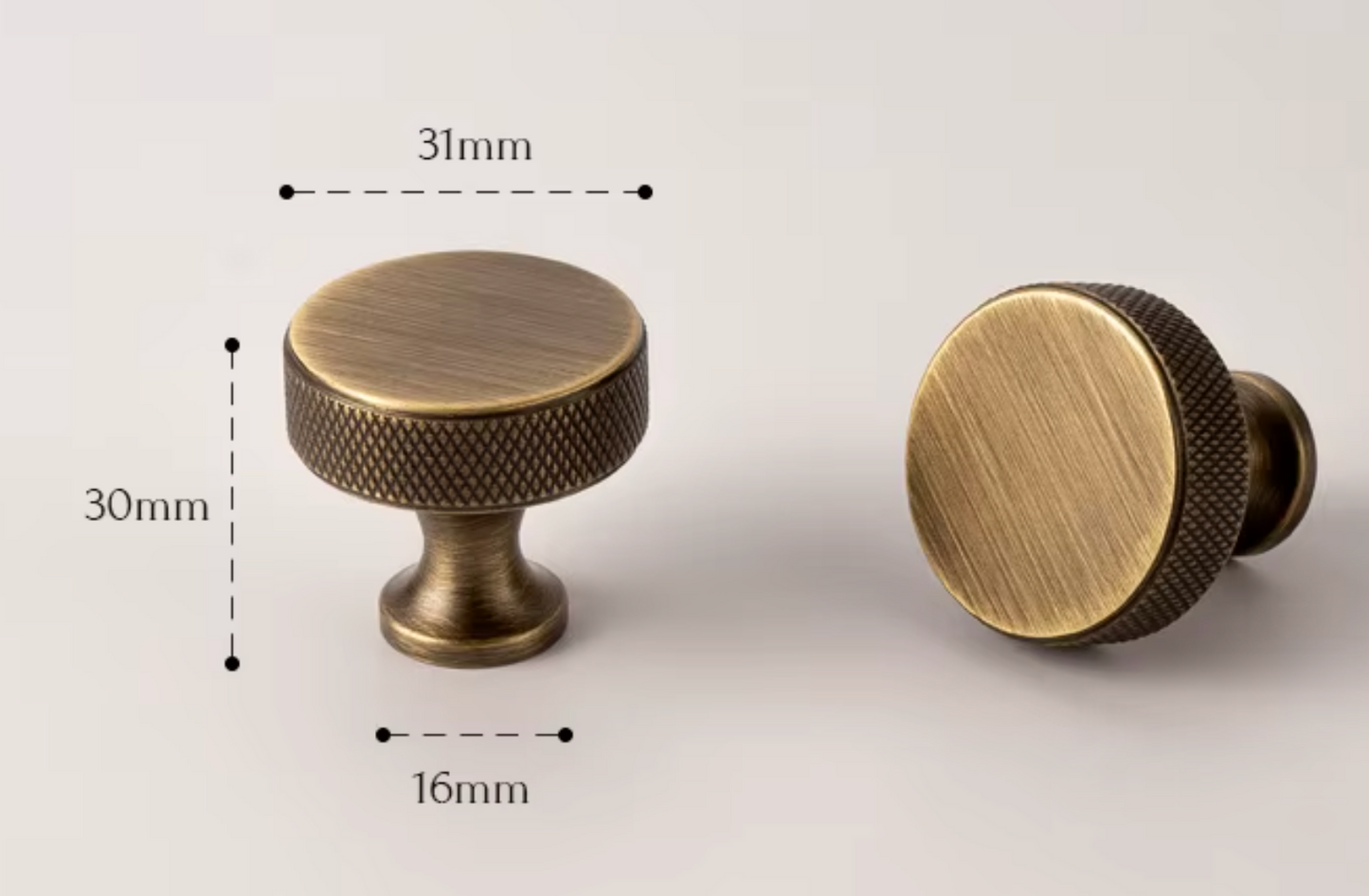 An antique brass drawer knob shown from two angles with dimension labels indicating 31mm width, 30mm height, and 16mm base diameter on a light neutral background.