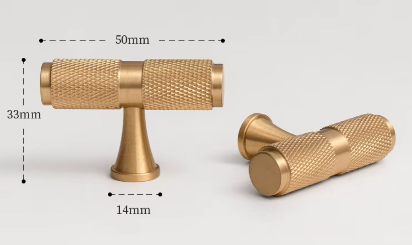 Gold-toned metal cabinet pull handle shown on a light gray background with dimension callouts: 50mm width, 33mm height, and 14mm base width. One handle is upright and one is lying on its side.