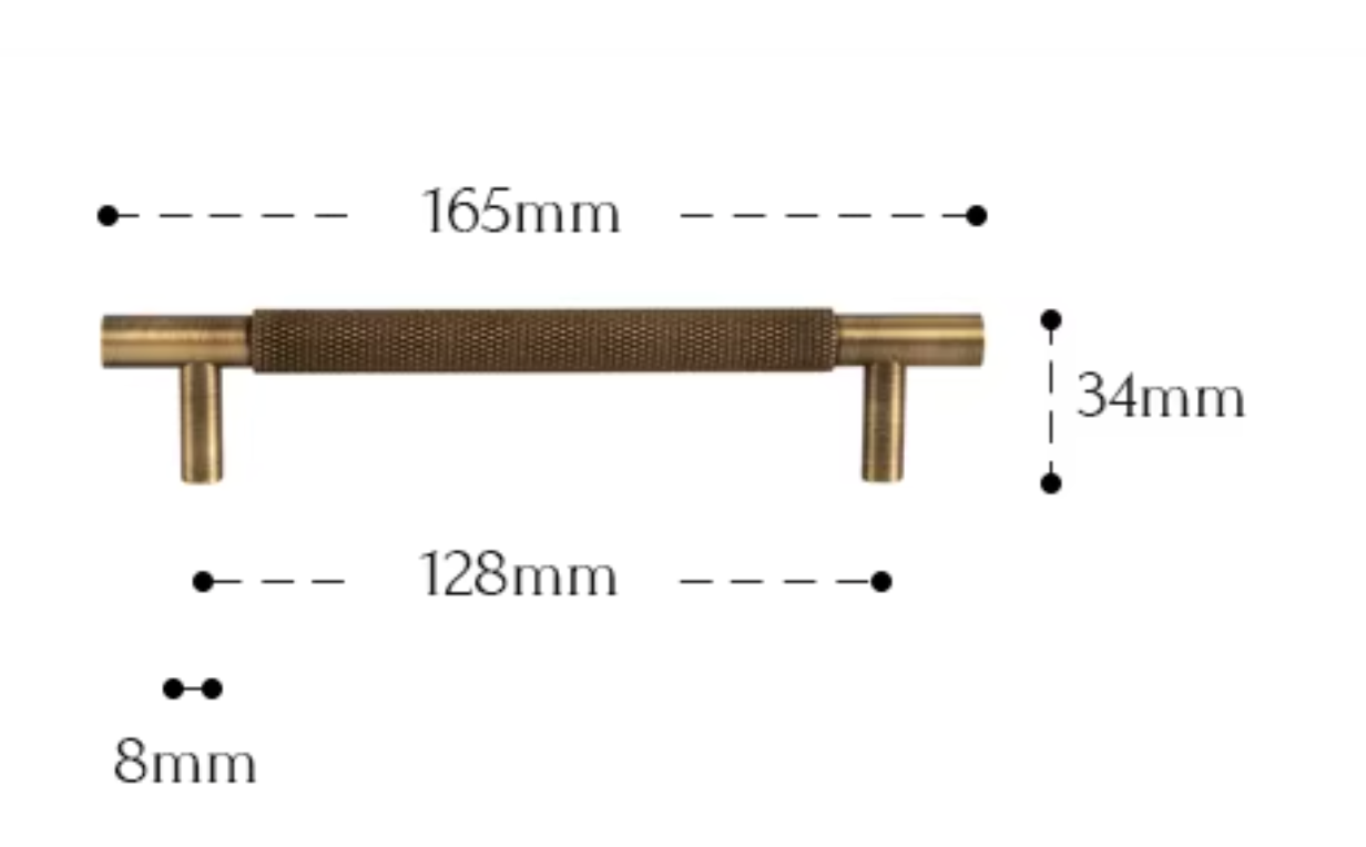 A cabinet pull handle shown with dimension labels: 165mm across the top, 128mm below the center, 34mm on the right, and 8mm near the lower left, on a plain white background.