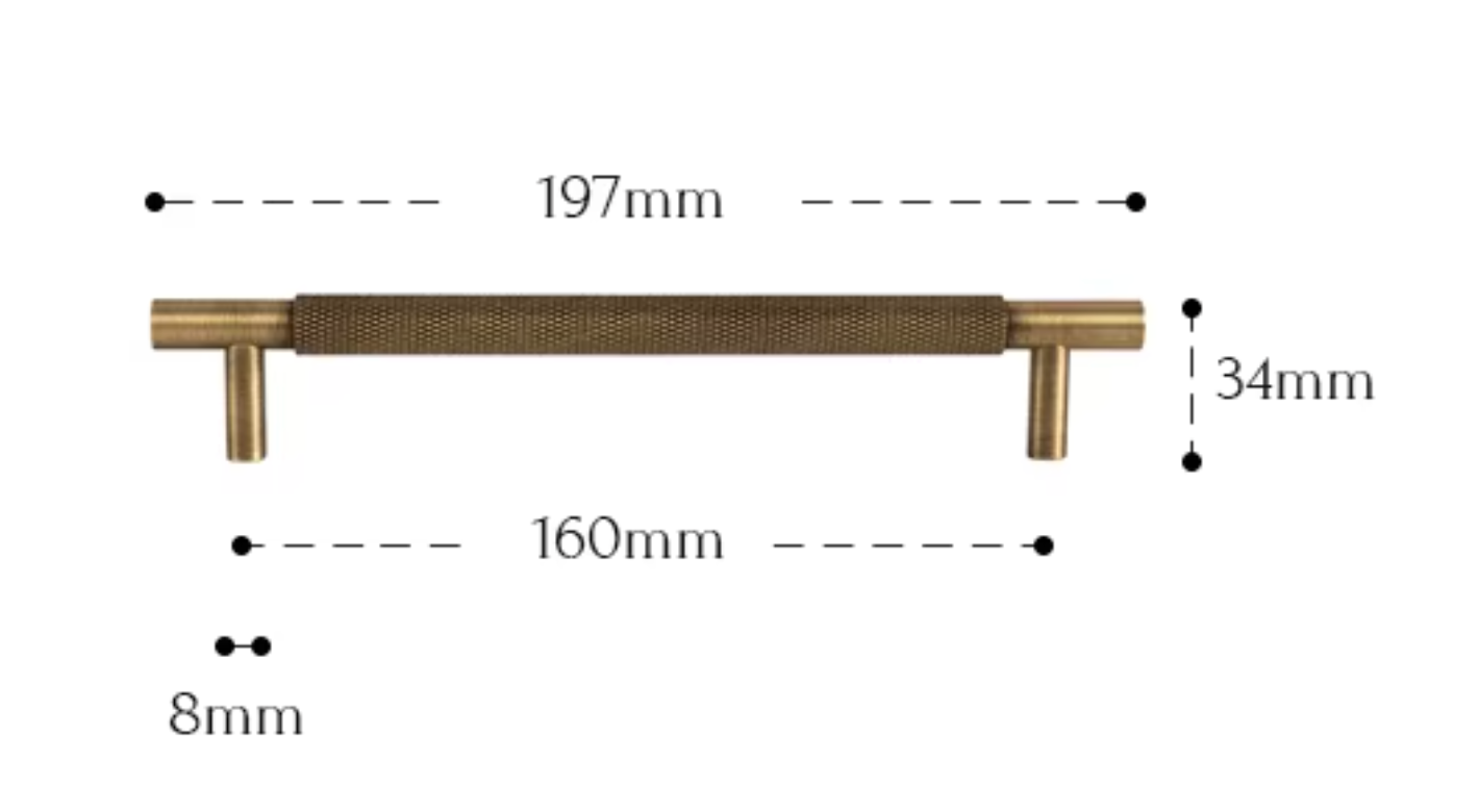A dimension diagram of a cabinet pull handle showing its measurements: 197mm length, 160mm width, 34mm height, and 8mm post diameter, on a white background.