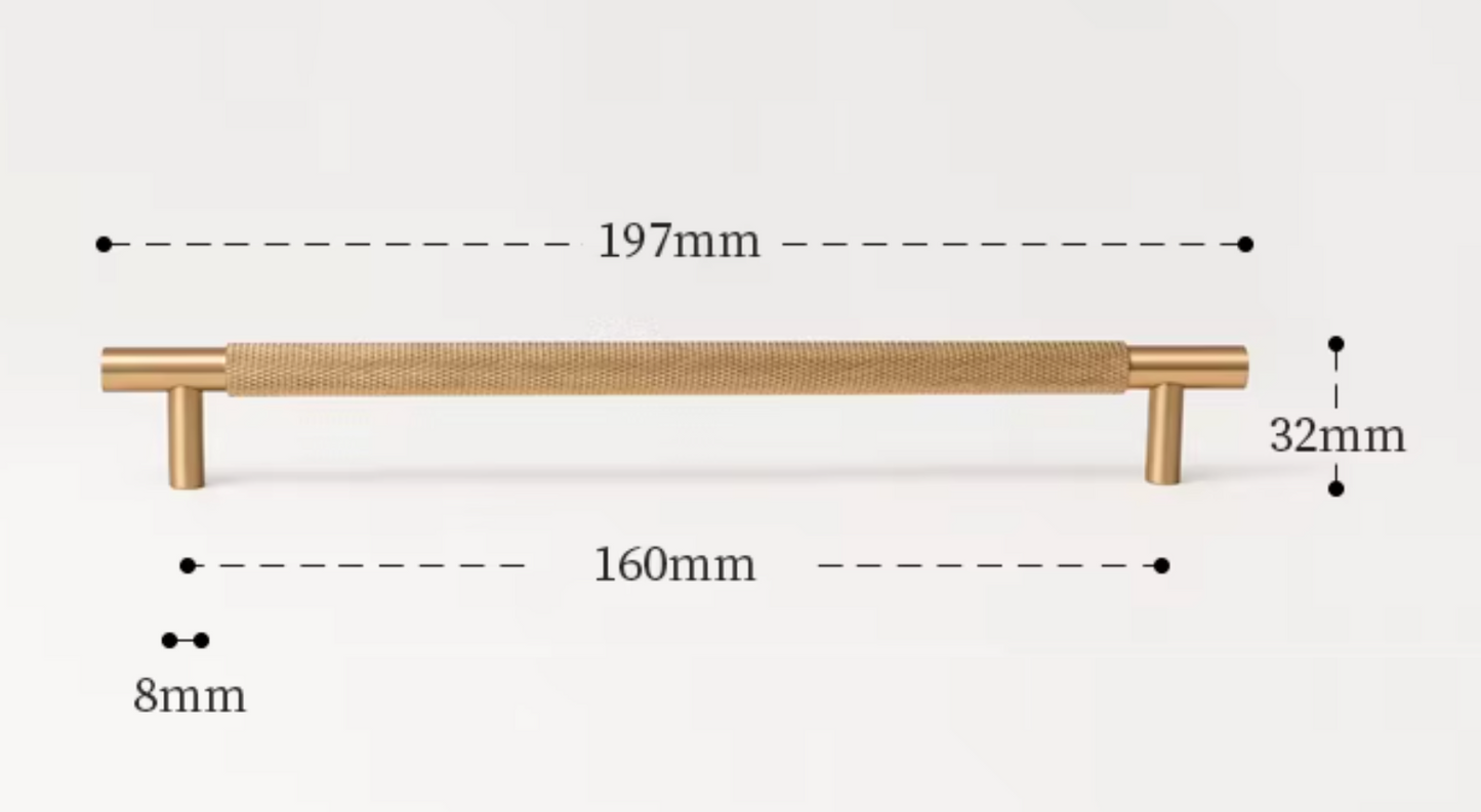 A brass-finished metal drawer pull handle with dimension annotations showing a length of 197mm, a height of 32mm, a width of 160mm, and a leg thickness of 8mm on a light gray background.
