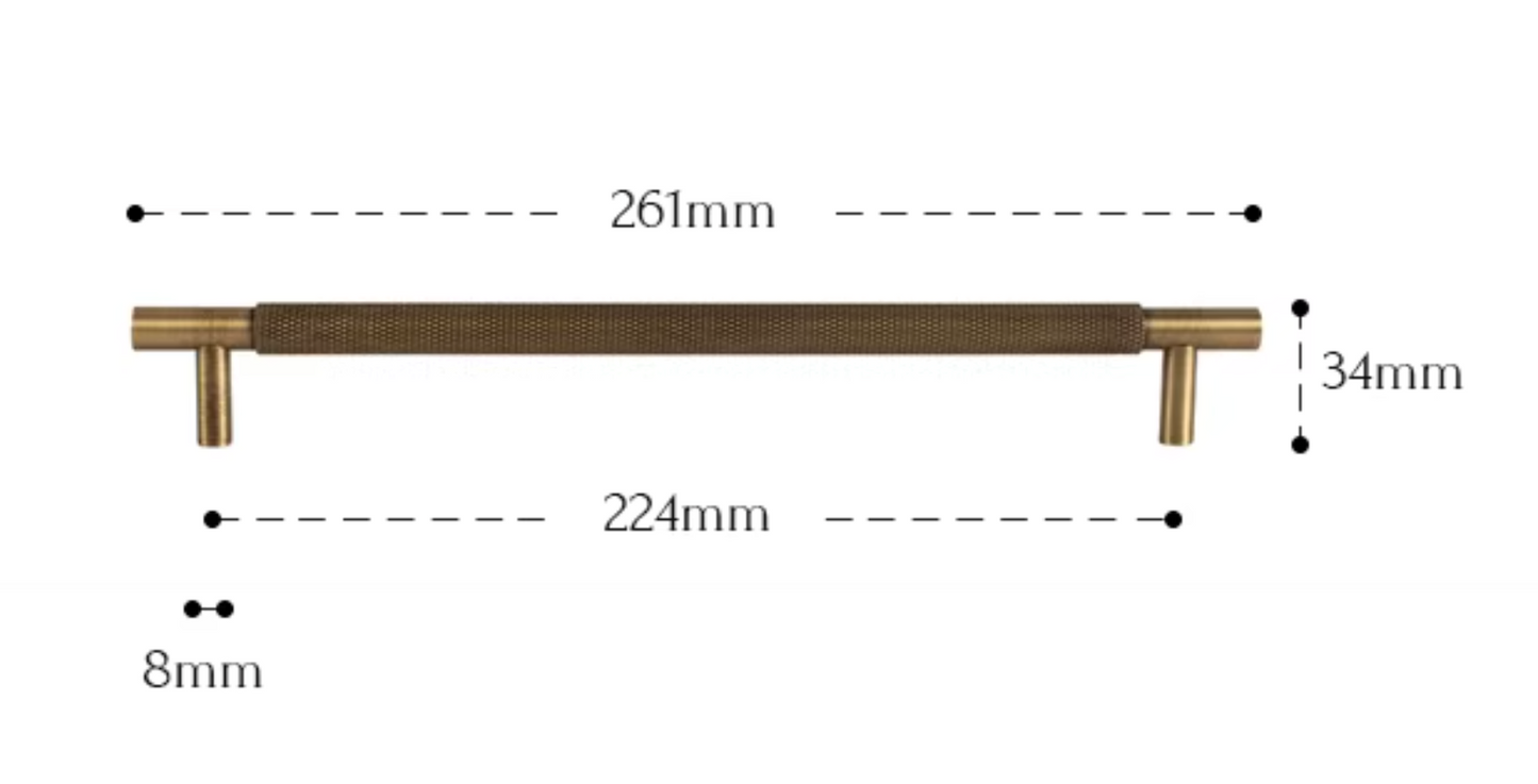 A dimension diagram of a cabinet pull handle with a brushed bronze finish, showing measurements of 261mm length, 224mm center-to-center span, 34mm height, and 8mm base width on a white background.