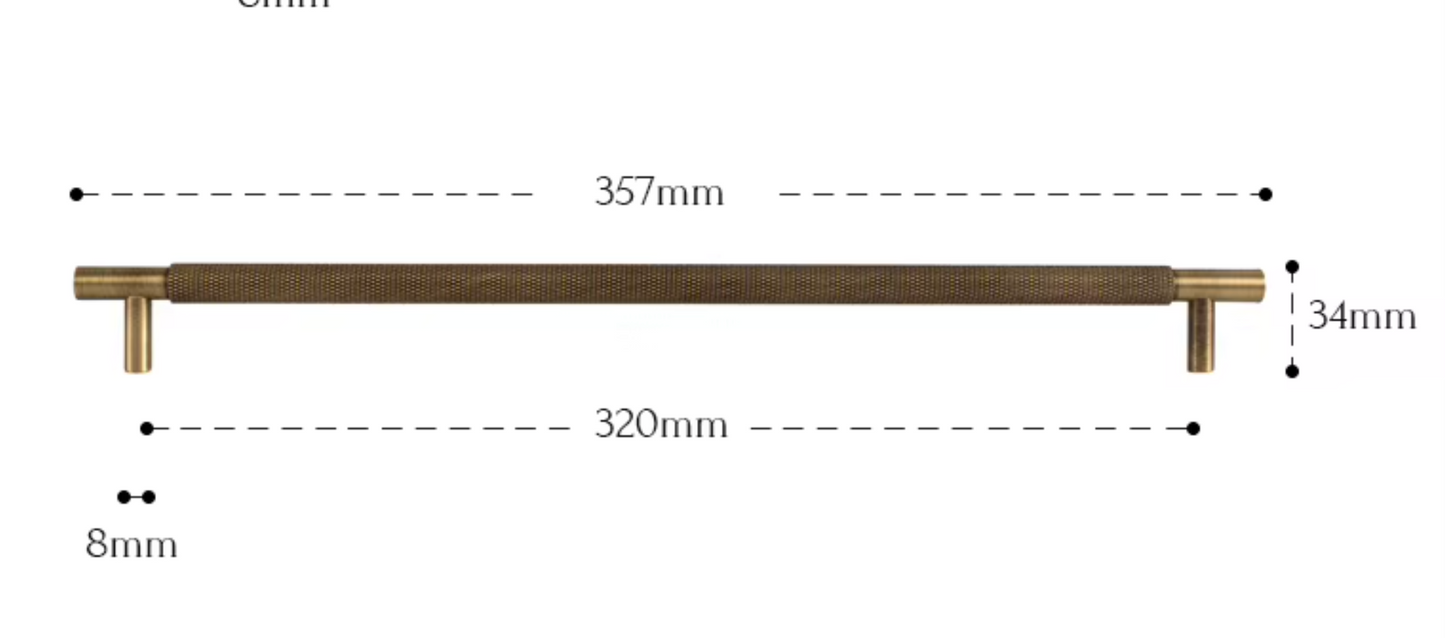 A bathroom towel bar with dimension markings showing a total length of 357mm, a lower length of 320mm, a width of 34mm, and a knob diameter of 8mm.