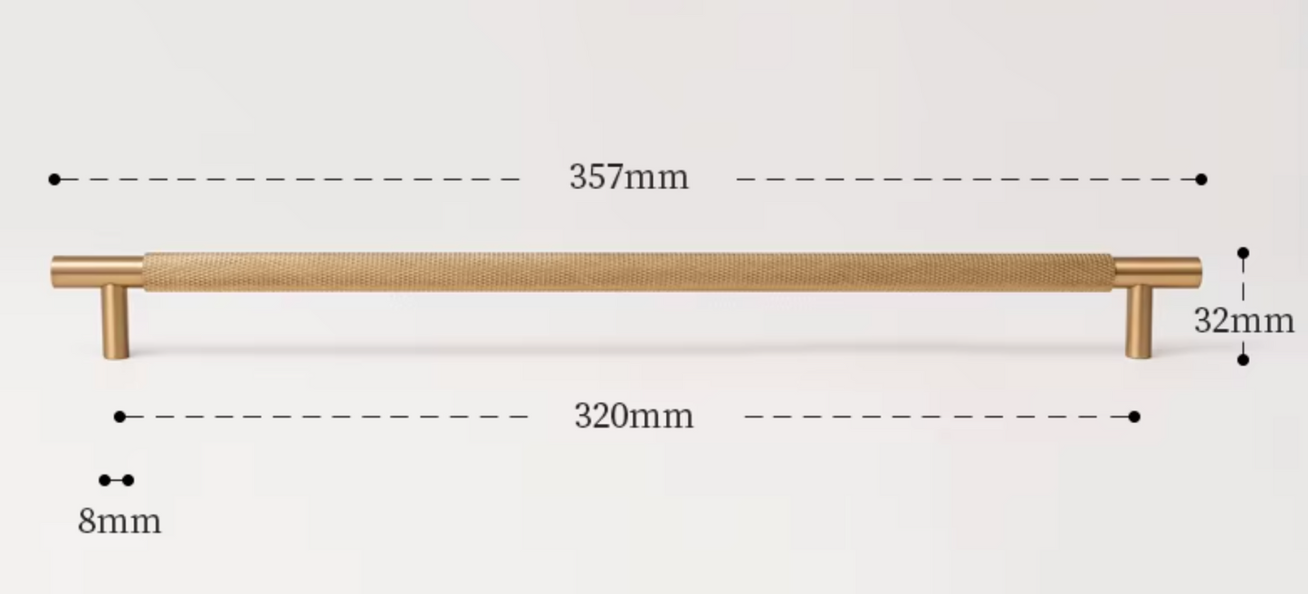 A brass cabinet pull handle with dimension annotations showing a length of 357mm, a width of 320mm, a height of 32mm, and a post diameter of 8mm on a light gray background.
