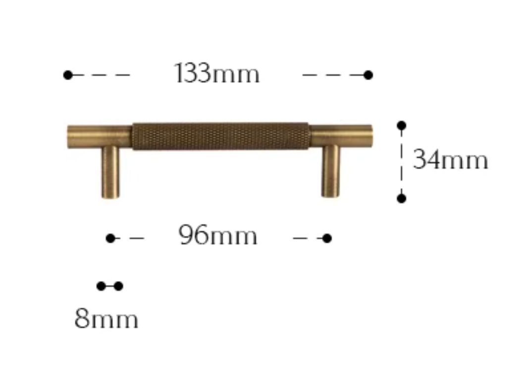 A dimension diagram of a brushed brass T-bar cabinet handle, showing measurements of 133mm length, 96mm width, 34mm height, and 8mm post width on a white background.
