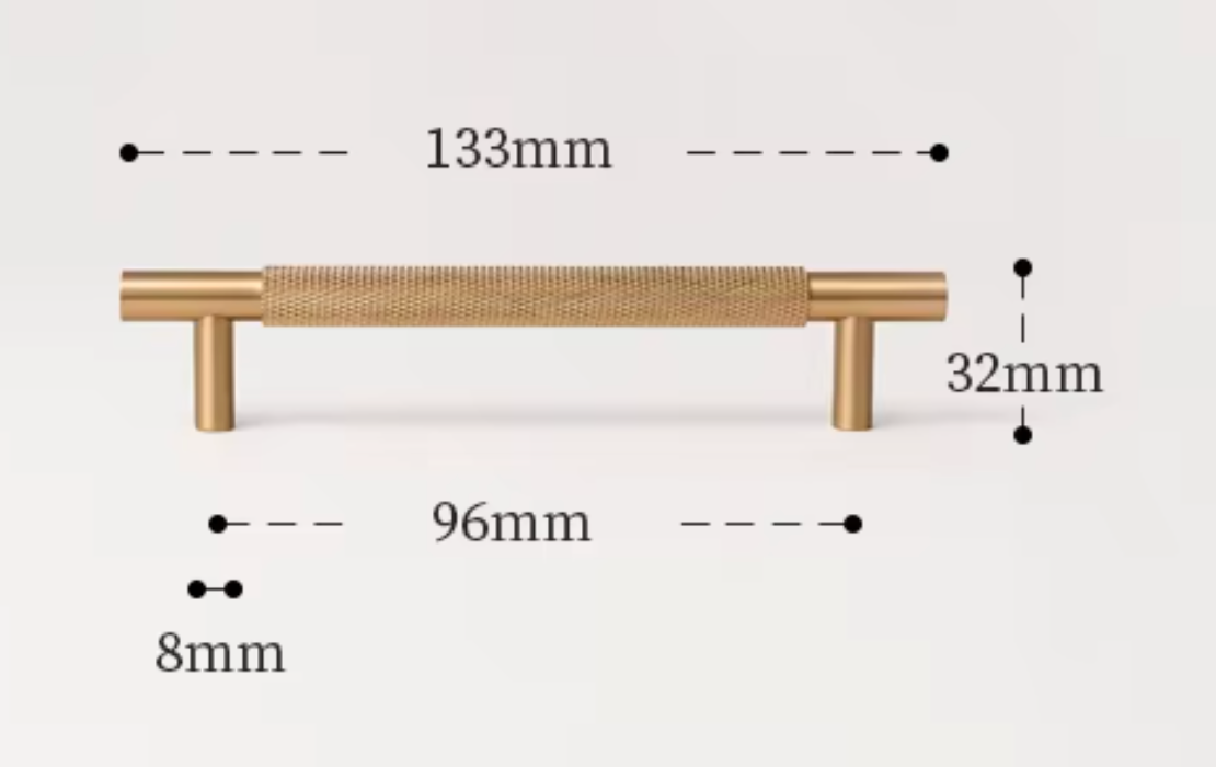 A brass-colored cabinet pull handle with dimension annotations showing a total length of 133mm, a width of 96mm, a height of 32mm, and a base width of 8mm on a light gray background.