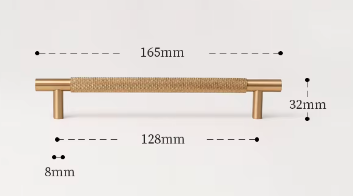 A brass cabinet pull handle with dimension annotations showing a length of 165mm, a width of 128mm, a height of 32mm, and a base width of 8mm on a light gray background.